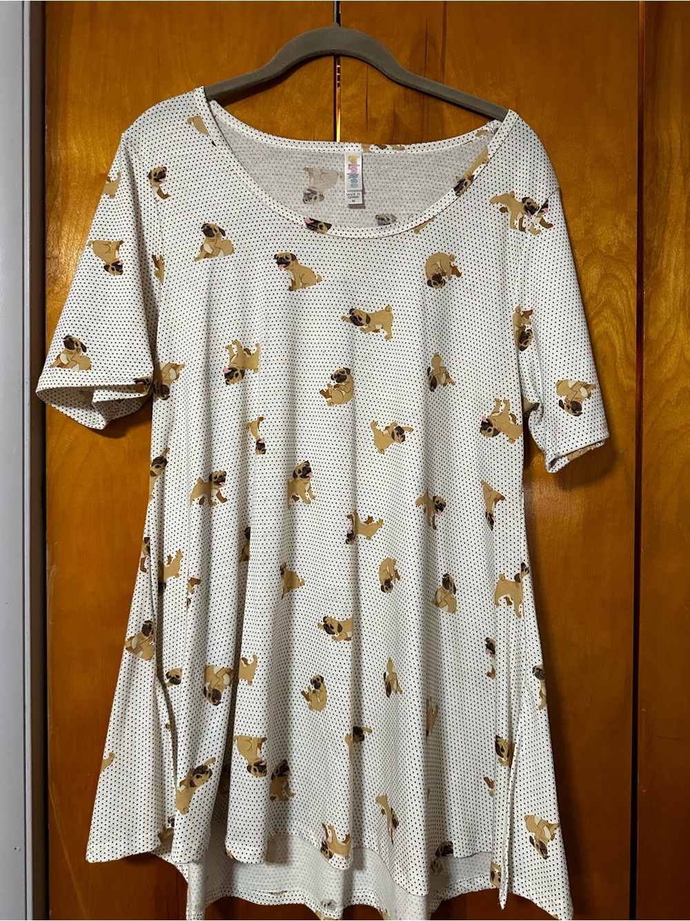 LuLaRoe White Short Sleeve Tunic with Tan Pug Print